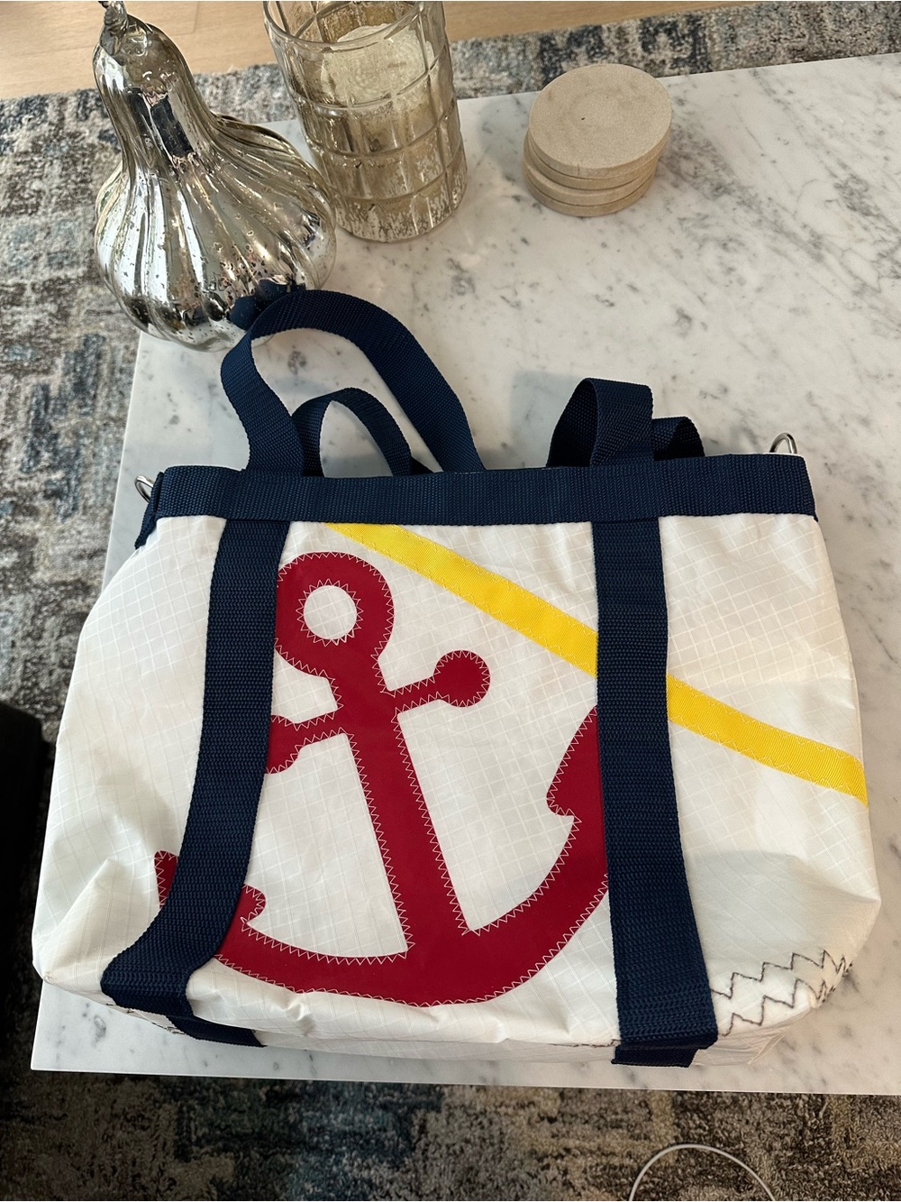 Sailcloth Tote Bag - Red Anchor, Yellow & Navy Accents - water resistant